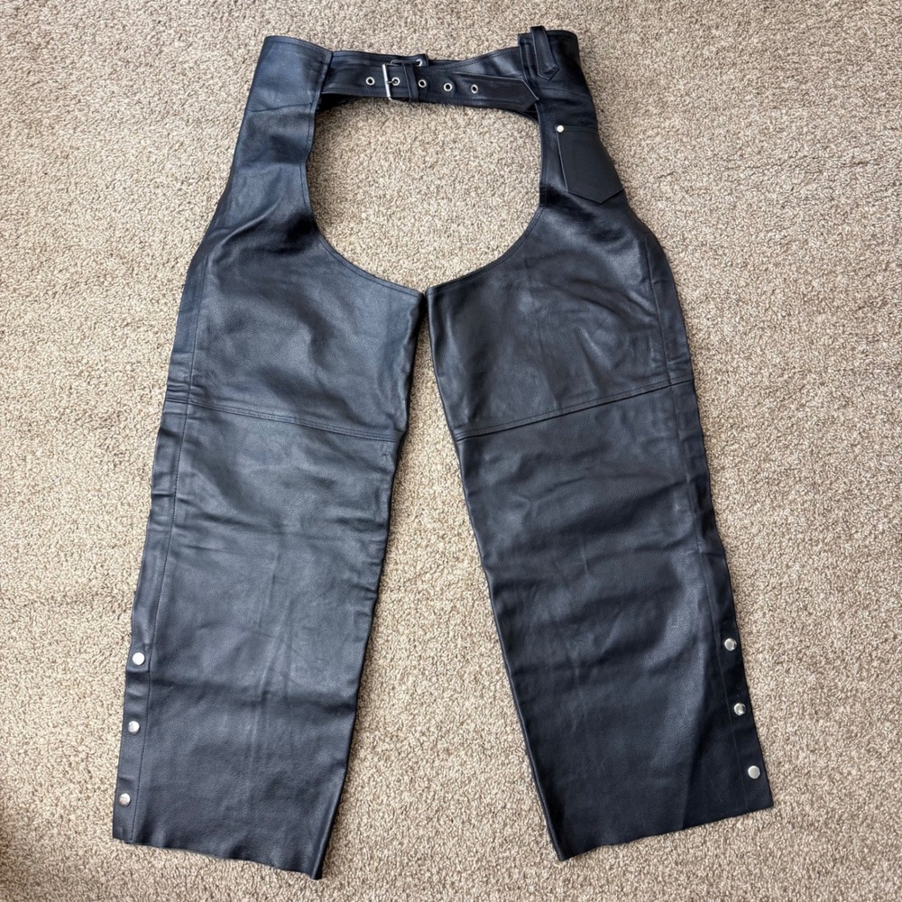 Genuine Black Leather Motorcycle Chaps Unisex XL Biker Riding Gear